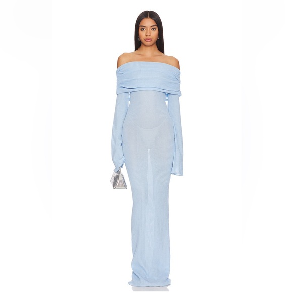 SER.O.YA Sheer Rib Knit Foldover Off Shoulder Galleria Maxi Dress xs Powder Blue - Picture 1 of 10